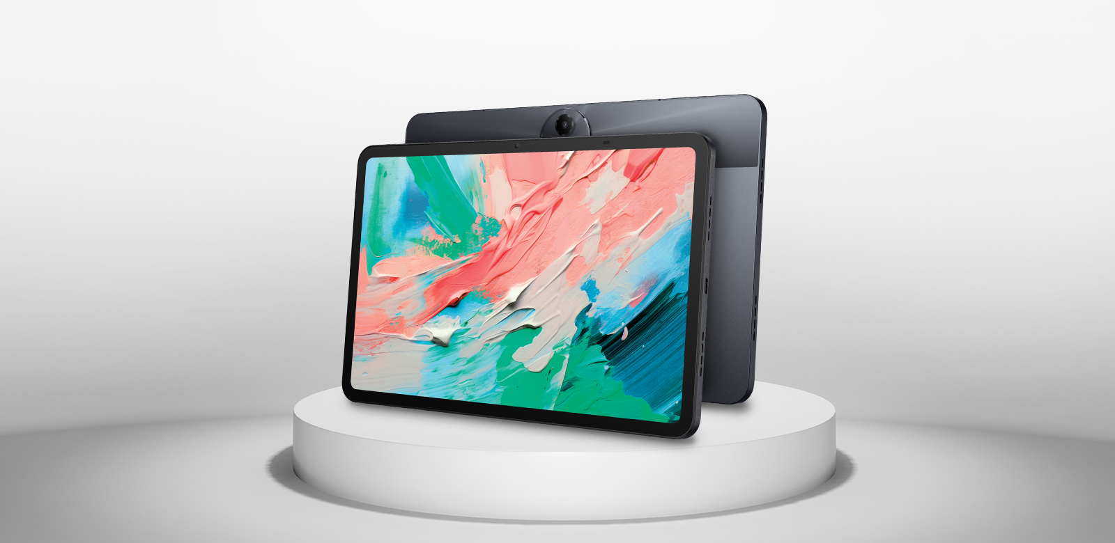 tablet displayed on pedestal