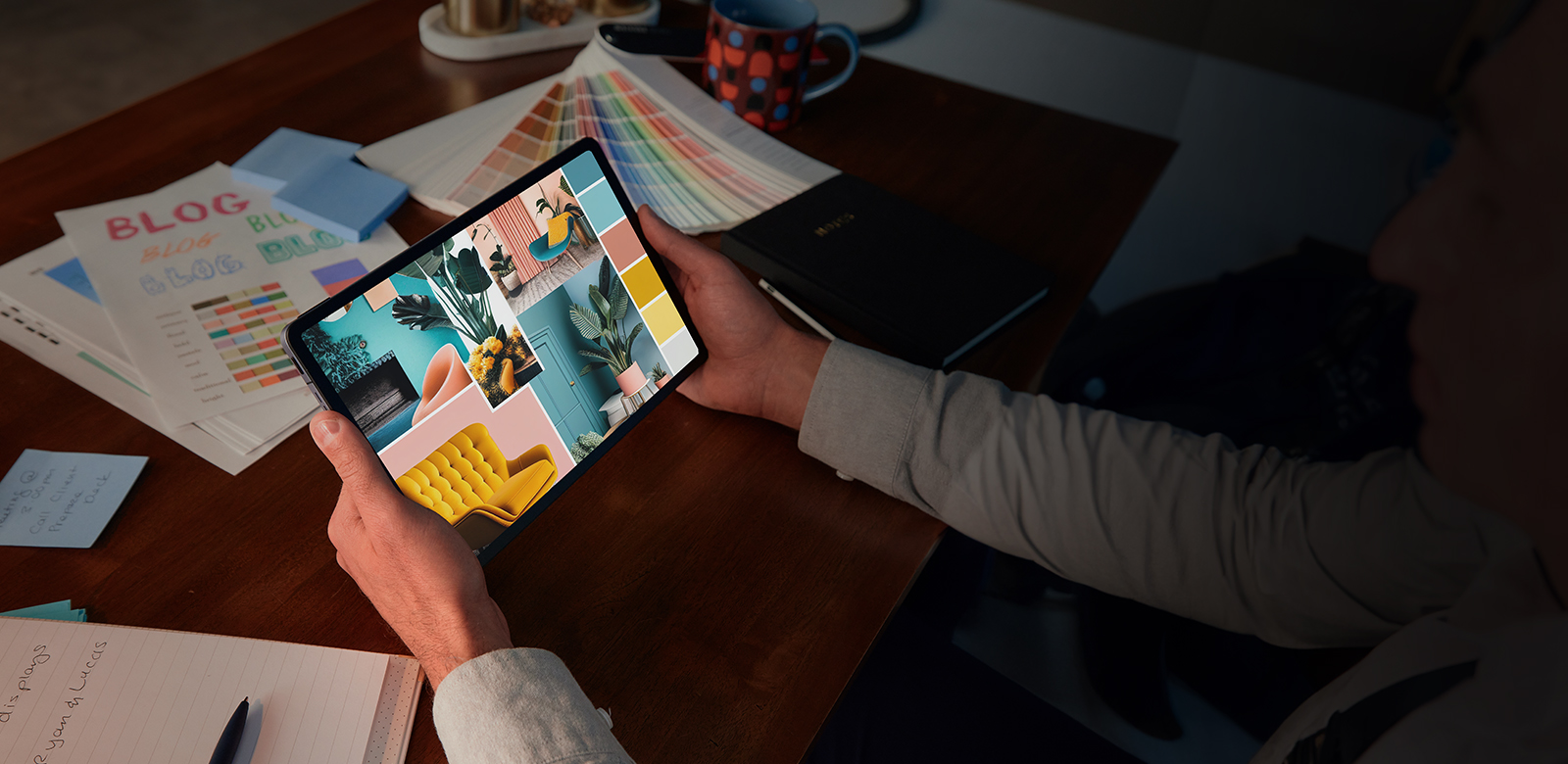 tablet displaying vibrant colors in low-lit room