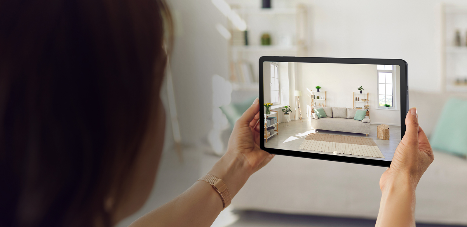 tablet taking photo of living room layout